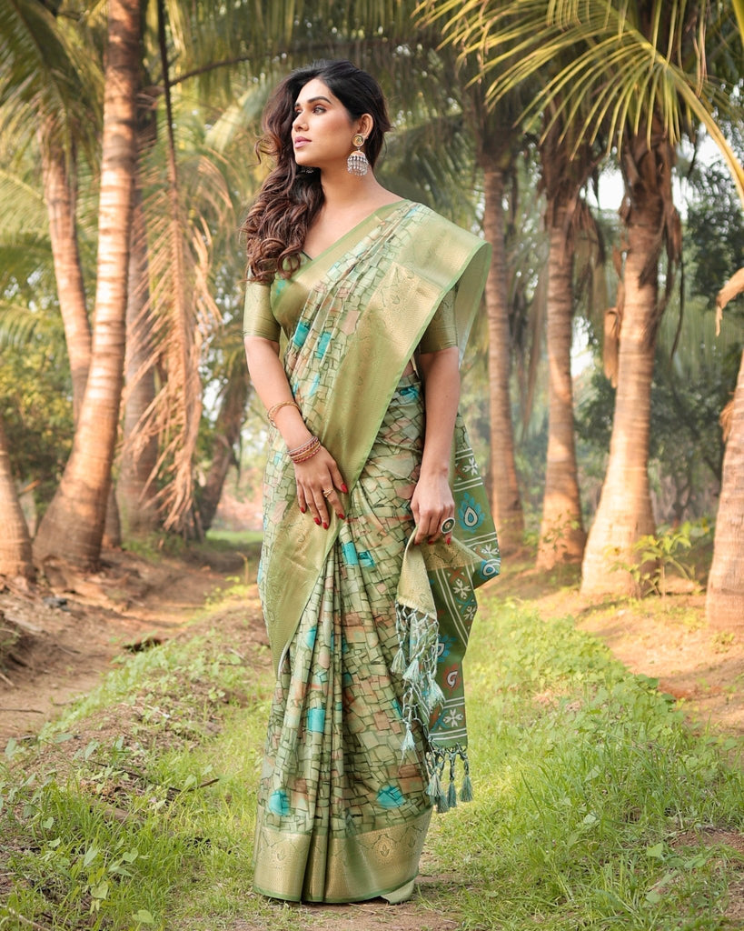 Elegant Light Green Tussar Silk Saree with Zari Motif Border and Contemporary Checkered Pallu Design DIGITAL PRINT