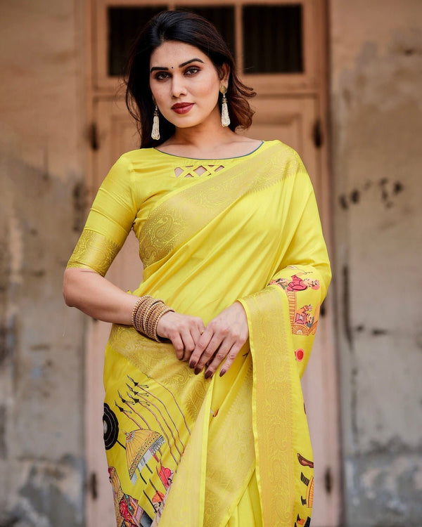 Vibrant Yellow Tussar Silk Saree with Royal Procession Pallu and Zari Accents DIGITAL PRINT