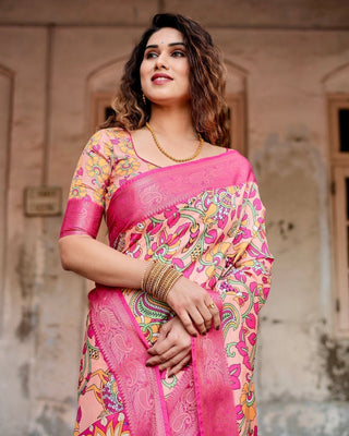 Peach and Fuchsia Floral Digital Print Tussar Silk Saree with Zari Border and Paisley Pallu DIGITAL PRINT