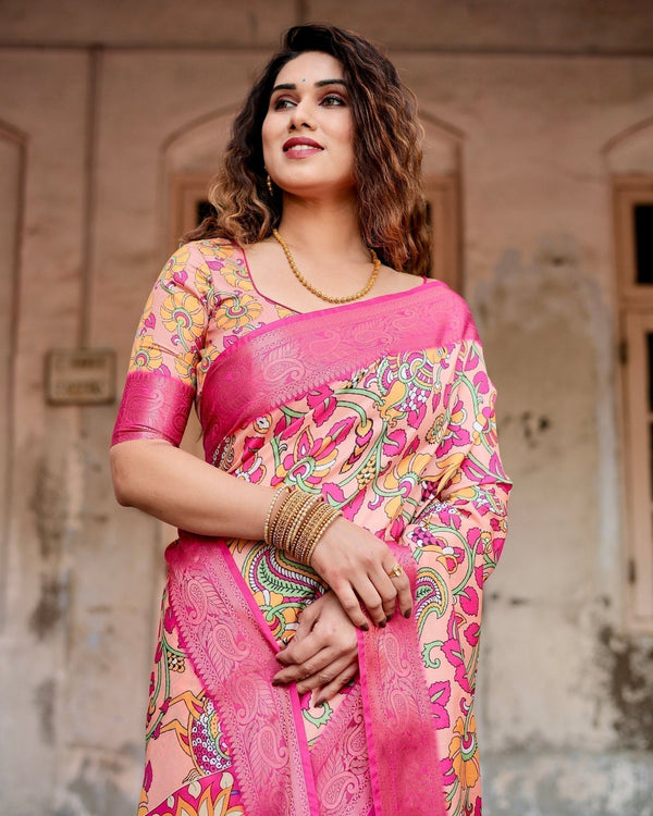 Peach and Fuchsia Floral Digital Print Tussar Silk Saree with Zari Border and Paisley Pallu DIGITAL PRINT