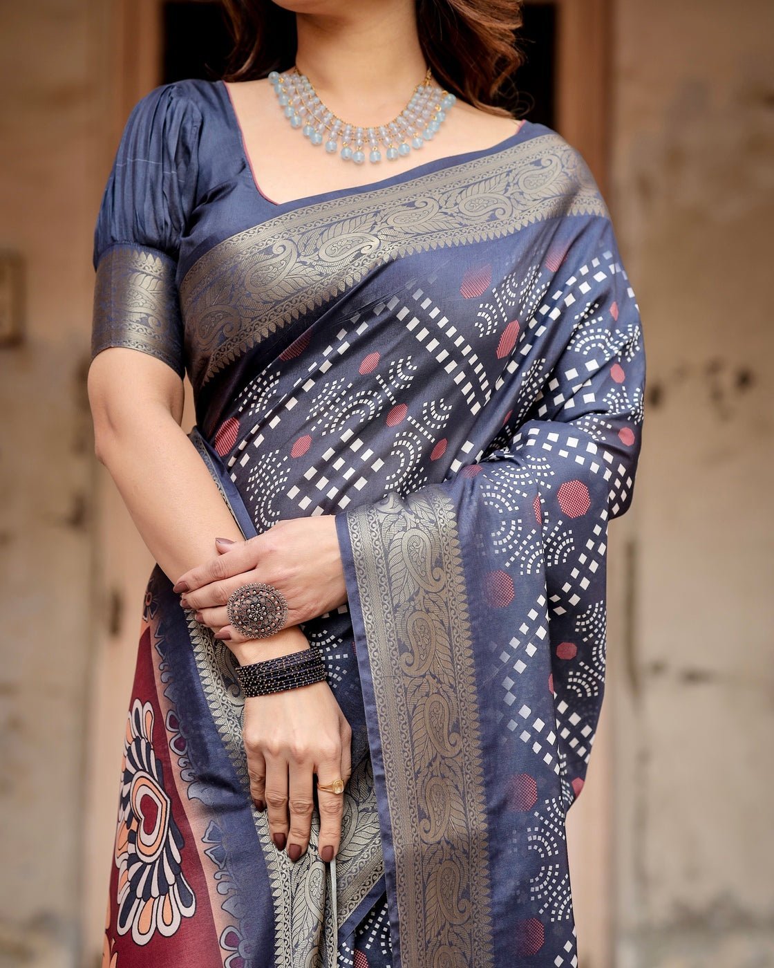 Navy Blue Tussar Silk Saree with Geometric Patterns, Zari Border, and Vibrant Pallu DIGITAL PRINT