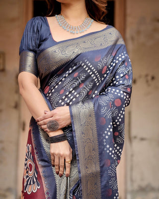 Navy Blue Tussar Silk Saree with Geometric Patterns, Zari Border, and Vibrant Pallu DIGITAL PRINT
