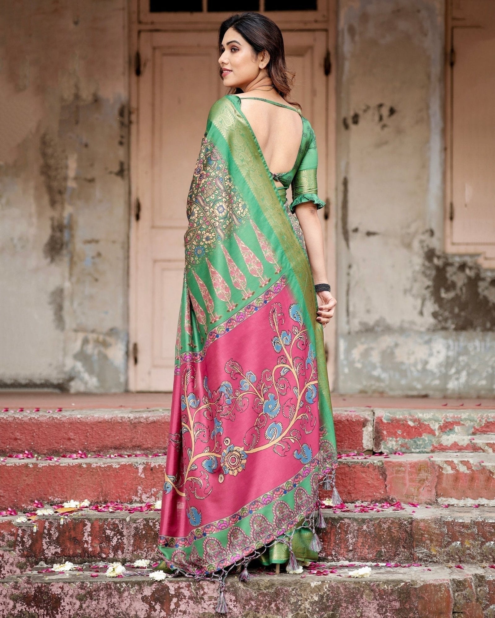 Emerald Green & Magenta Tussar Silk Saree with Zari Weave and Tassel Finish DIGITAL PRINT