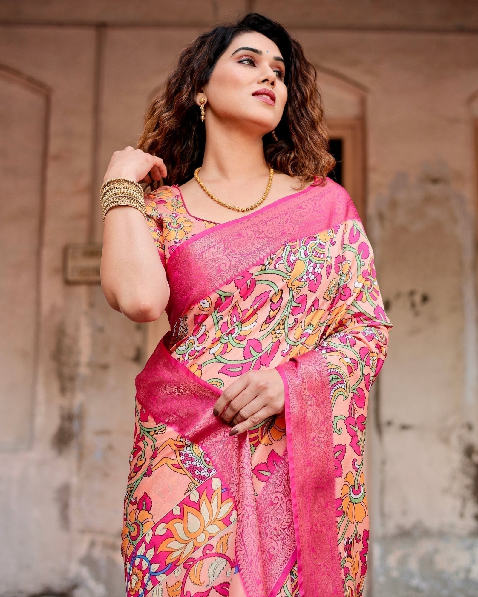Peach and Fuchsia Floral Digital Print Tussar Silk Saree with Zari Border and Paisley Pallu DIGITAL PRINT