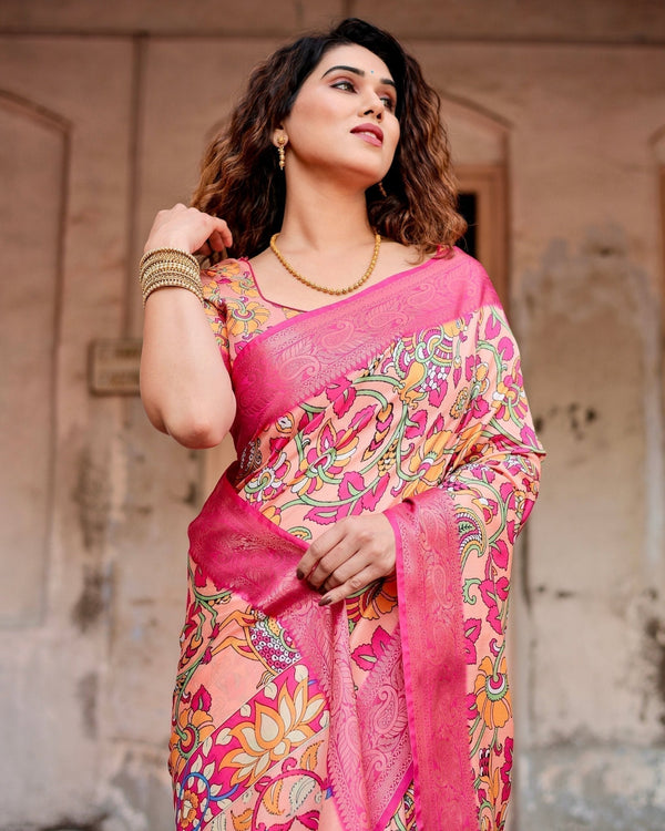 Peach and Fuchsia Floral Digital Print Tussar Silk Saree with Zari Border and Paisley Pallu DIGITAL PRINT