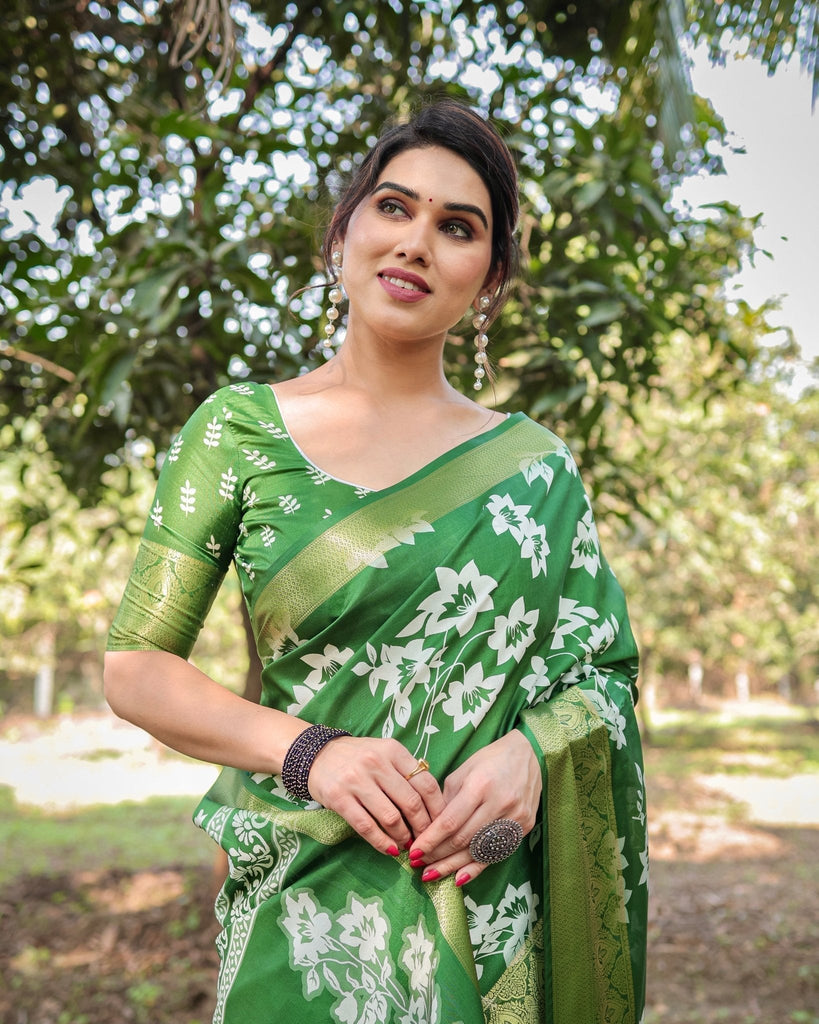 Enchanting Green Tussar Silk Saree with White Floral Prints and Zari Border DIGITAL PRINT