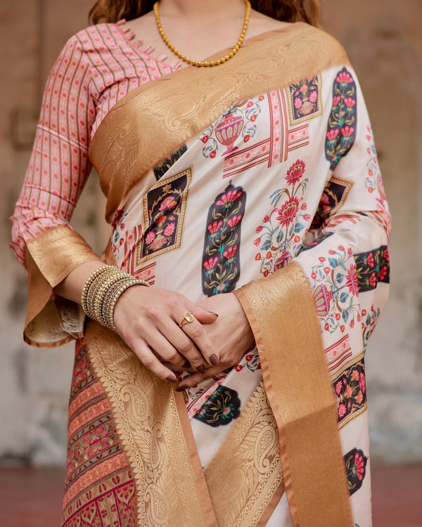 Ivory Tussar Silk Saree with Artistic Floral Motifs and Gleaming Golden Zari Border DIGITAL PRINT