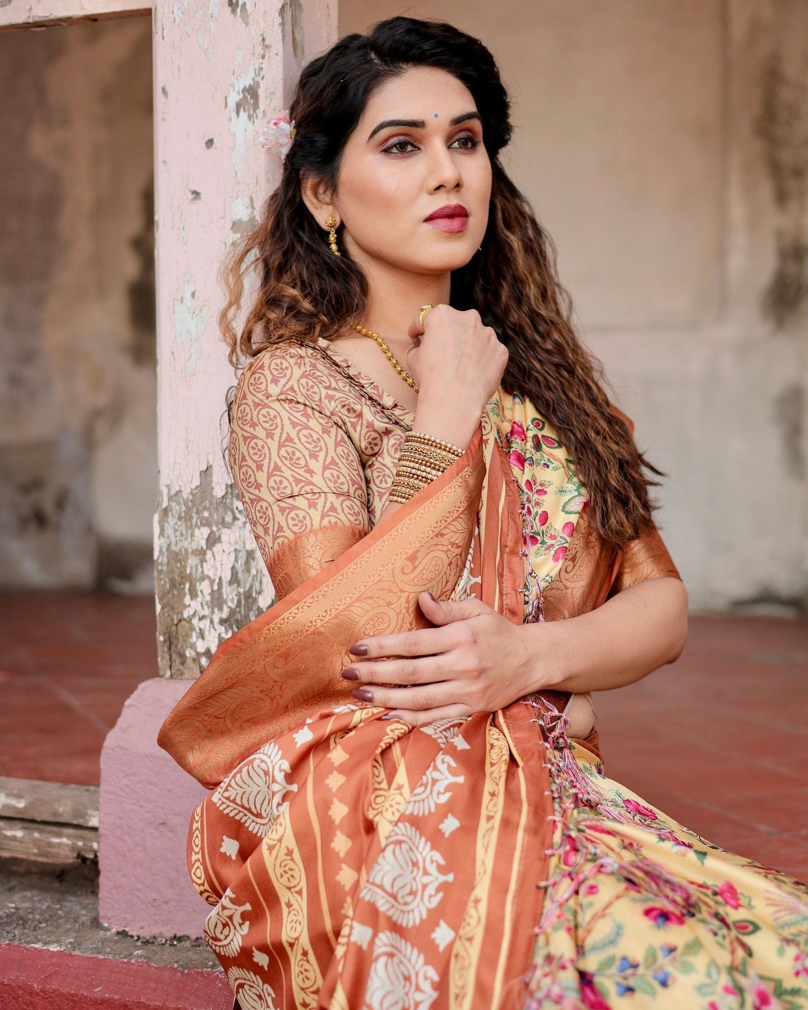 Golden Beige Tussar Silk Saree with Floral Paradise Print and Ornate Zari Border DIGITAL PRINT