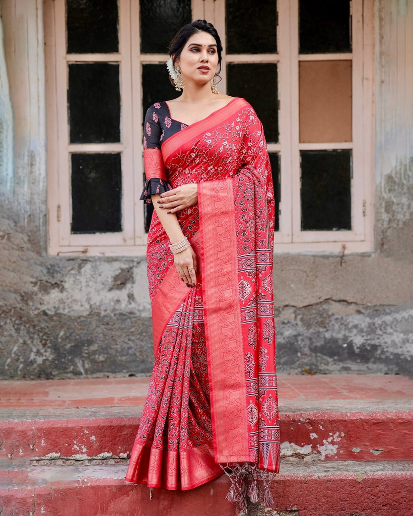 Fiery Red Tussar Silk Saree with Ornamental Motifs and Detailed Zari Pallu DIGITAL PRINT
