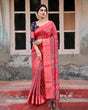 Load image into Gallery viewer, Fiery Red Tussar Silk Saree with Ornamental Motifs and Detailed Zari Pallu DIGITAL PRINT