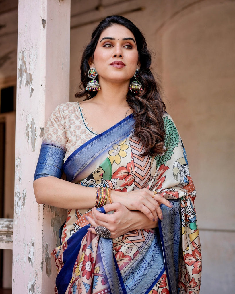 Multicolor Tussar Silk Saree with Artistic Floral Motifs and Traditional Blue Zari Border DIGITAL PRINT