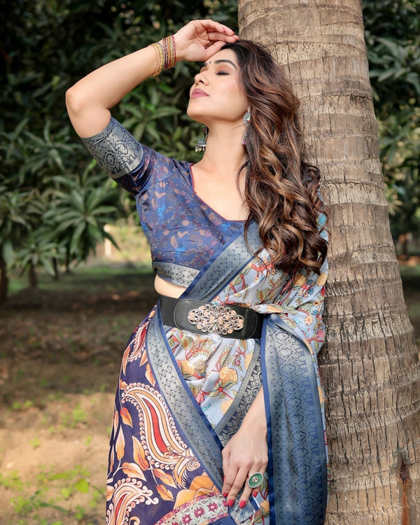 Sky Blue and Navy Digital Print Tussar Silk Saree with Zari Woven Border and Floral Motif Pallu DIGITAL PRINT