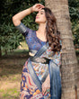 Load image into Gallery viewer, Sky Blue and Navy Digital Print Tussar Silk Saree with Zari Woven Border and Floral Motif Pallu DIGITAL PRINT