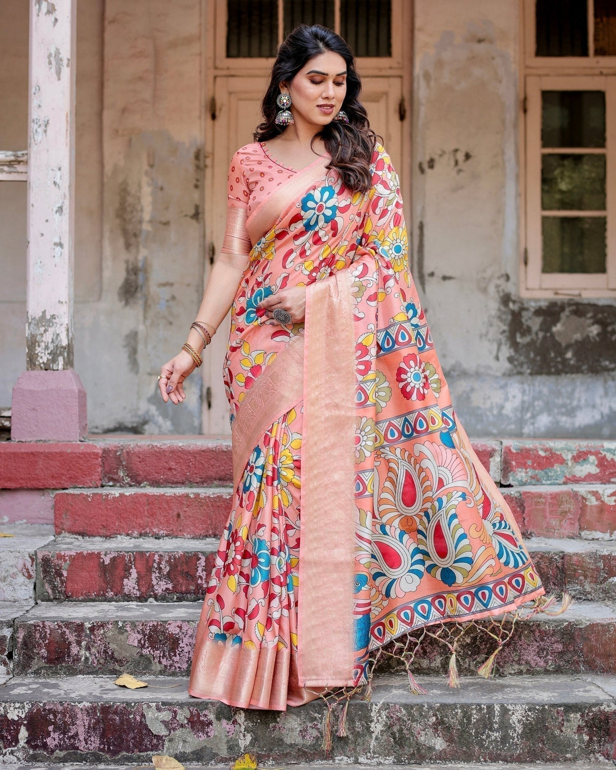 Peach Tussar Silk Saree with Vibrant Floral Kalamkari and Zari Highlights DIGITAL PRINT Main image