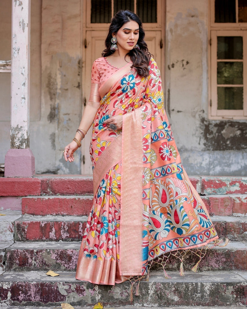 Peach Tussar Silk Saree with Vibrant Floral Kalamkari and Zari Highlights DIGITAL PRINT