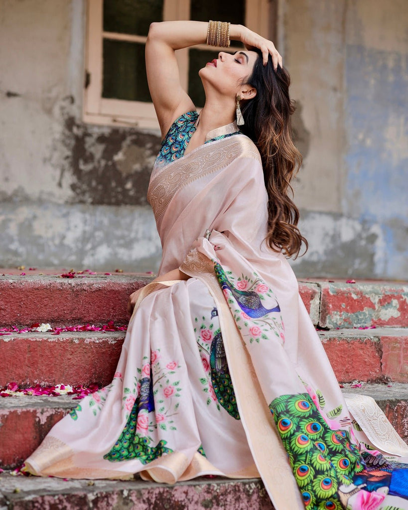 Soft Pastel Pink Tussar Silk Saree with Hand-Painted Peacock and Floral Motifs DIGITAL PRINT