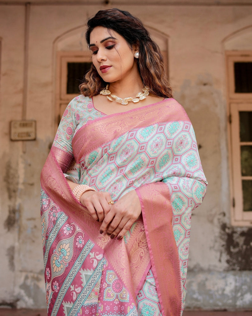 Pastel Pink and Mint Green Geometric Tussar Silk Saree with Zari Paisley Border DIGITAL PRINT