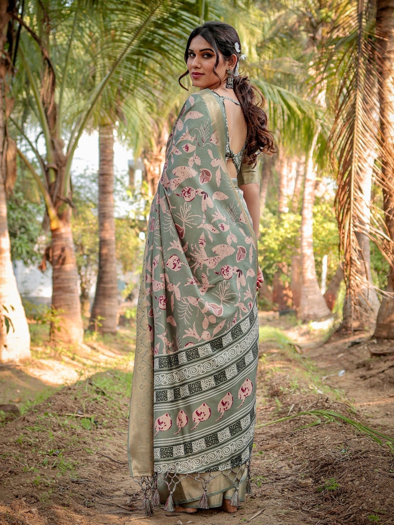 Graceful Olive Green Tussar Silk Saree with Intricate Beige and Maroon Botanical Print and Zari Border DIGITAL PRINT