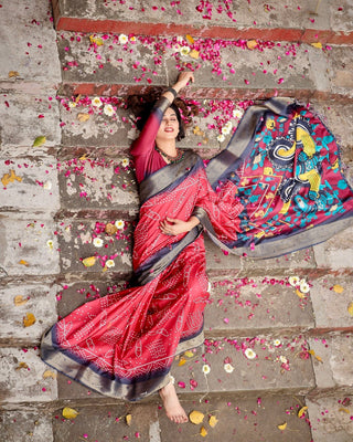 Crimson Red Tussar Silk Saree with Bandhani Patterns, Zari Border, and Vibrant Artistic Pallu DIGITAL PRINT