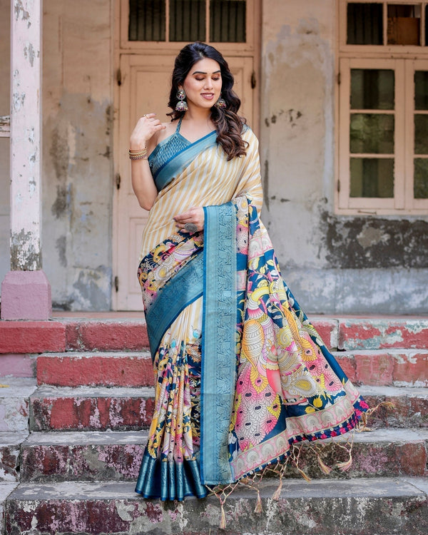 Beige & Teal Tussar Silk Saree with Intricate Kalamkari and Zari Border DIGITAL PRINT