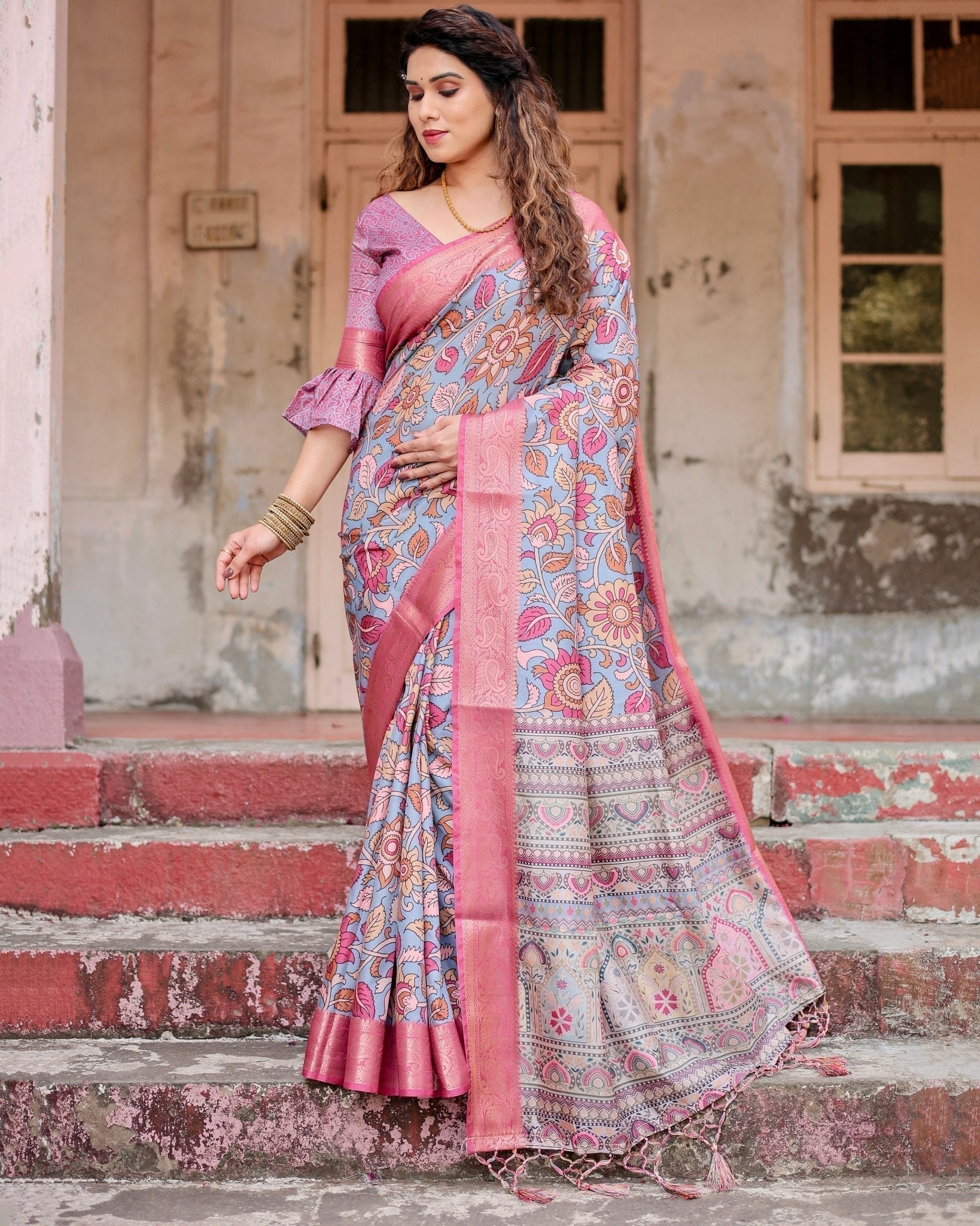 Graceful Grey Tussar Silk Saree with Pink Zari Border and Intricate Floral Motifs DIGITAL PRINT Main image