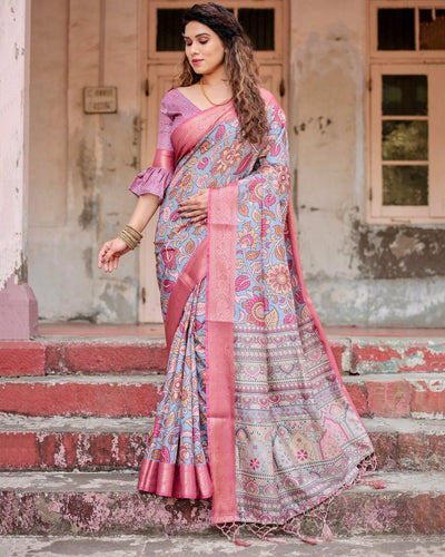 Graceful Grey Tussar Silk Saree with Pink Zari Border and Intricate Floral Motifs DIGITAL PRINT