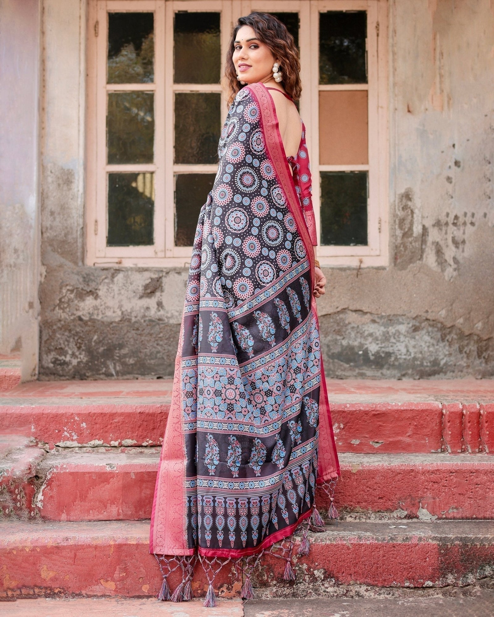 Black and Coral Tussar Silk Saree with Intricate Circular Motifs and Ornamental Pallu DIGITAL PRINT