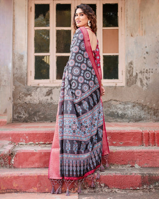 Black and Coral Tussar Silk Saree with Intricate Circular Motifs and Ornamental Pallu DIGITAL PRINT