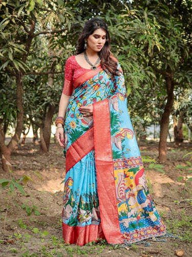 Aqua Blue Tussar Silk Saree with Vibrant Nature-Inspired Prints and Red Zari Border DIGITAL PRINT