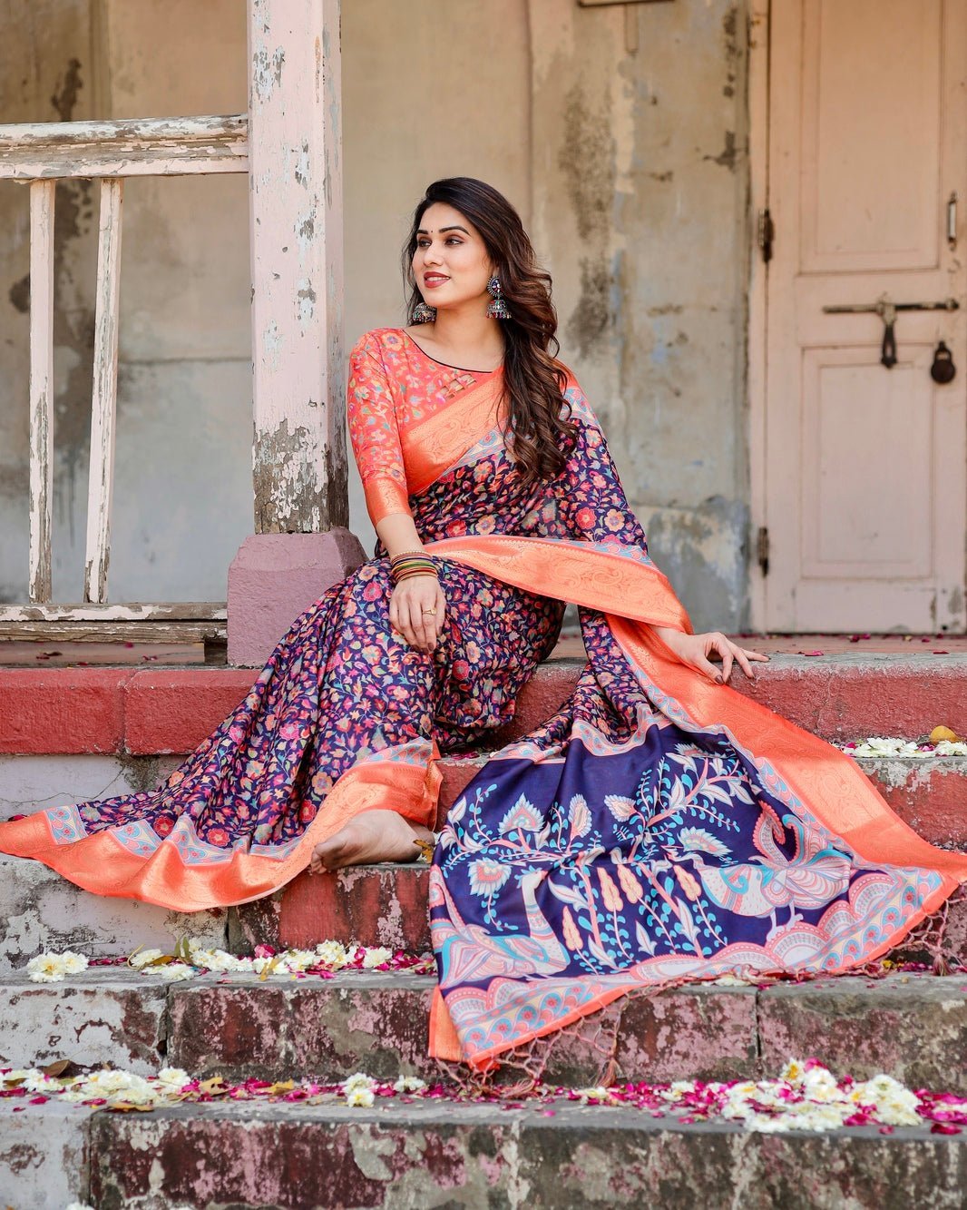 Navy Blue and Peach Tussar Silk Saree with Peacock Motifs and Floral Zari Border DIGITAL PRINT
