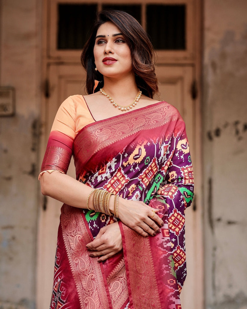 Wine Purple Tussar Silk Saree with Ikat-Inspired Patterns and Rich Zari Border DIGITAL PRINT