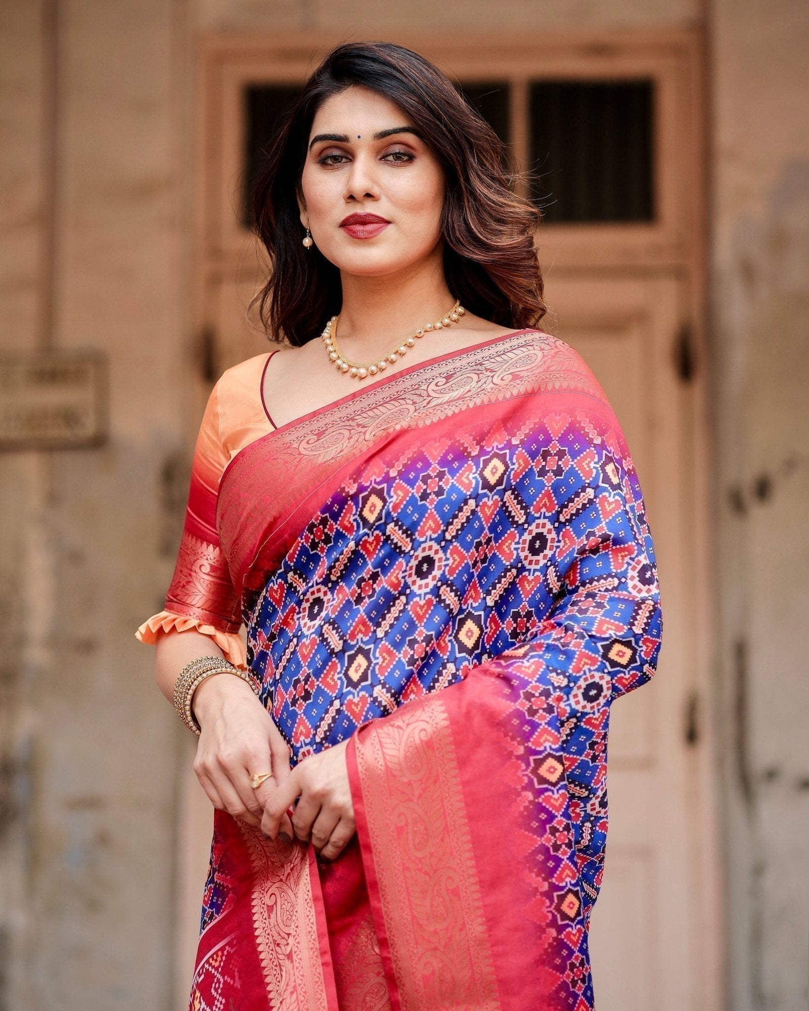 Royal Blue and Red Tussar Silk Saree with Geometric Patterns and Ornate Zari Border DIGITAL PRINT