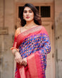 Load image into Gallery viewer, Royal Blue and Red Tussar Silk Saree with Geometric Patterns and Ornate Zari Border DIGITAL PRINT