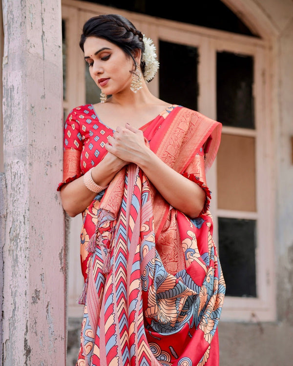 Vibrant Red Tussar Silk Saree with Bold Floral Motifs and Chevron Patterned Pallu DIGITAL PRINT