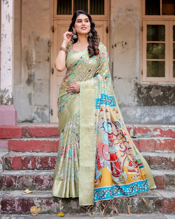 Pastel Green Tussar Silk Saree with Mythological Kalamkari Pallu and Zari Border DIGITAL PRINT
