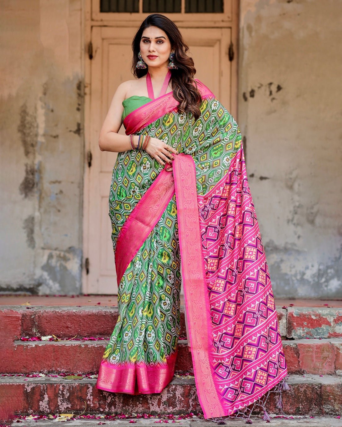 Green and Pink Tussar Silk Saree with Vibrant Ikat Patterns and Zari Border DIGITAL PRINT