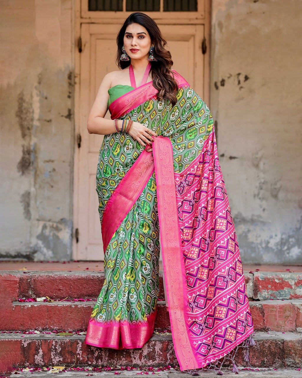Green and Pink Tussar Silk Saree with Vibrant Ikat Patterns and Zari Border DIGITAL PRINT