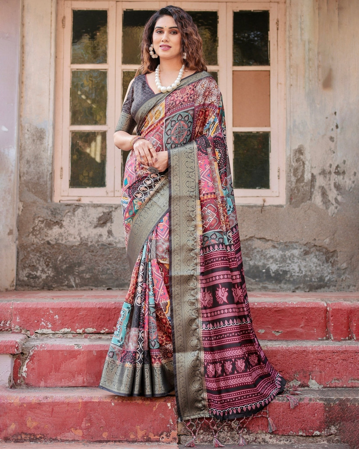 Multicolor Tussar Silk Saree with Ornamental Patchwork and Olive Zari Border DIGITAL PRINT Main image