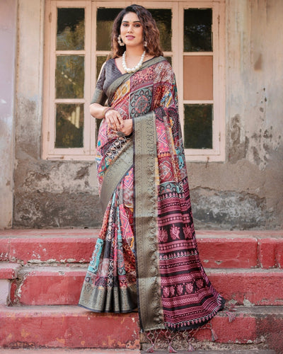Multicolor Tussar Silk Saree with Ornamental Patchwork and Olive Zari Border DIGITAL PRINT