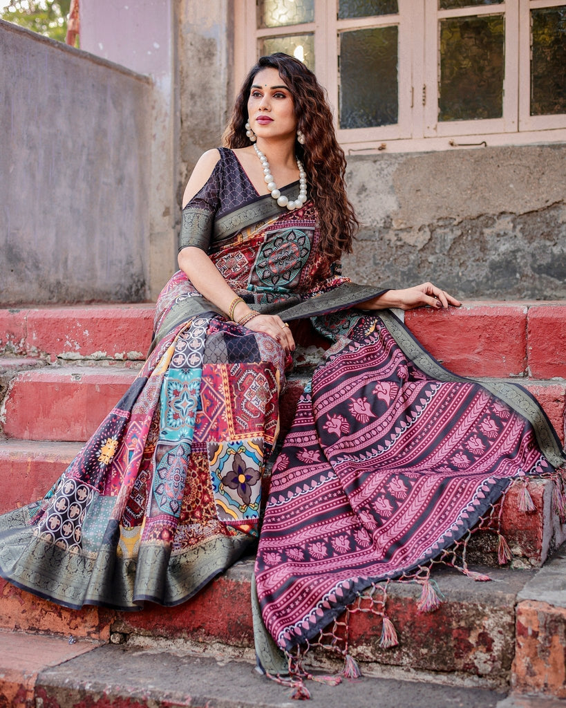 Multicolor Tussar Silk Saree with Ornamental Patchwork and Olive Zari Border DIGITAL PRINT