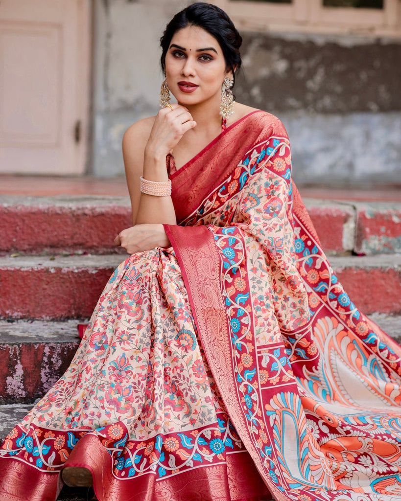 Beige and Coral Tussar Silk Saree with Intricate Floral Prints and Artistic Pallu DIGITAL PRINT
