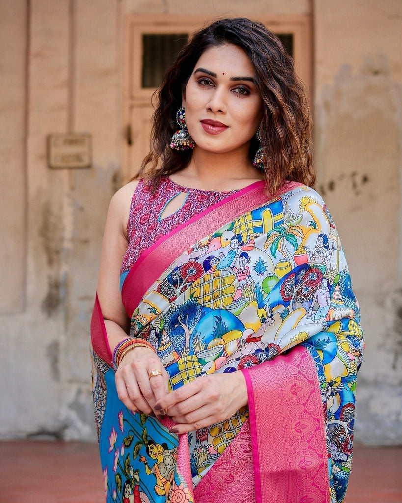 Vibrant Multicolor Digital Printed Tussar Silk Saree with Pink Zari Border DIGITAL PRINT