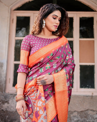 Wine Purple and Orange Tussar Silk Saree with Floral Motifs and Artistic Pallu DIGITAL PRINT
