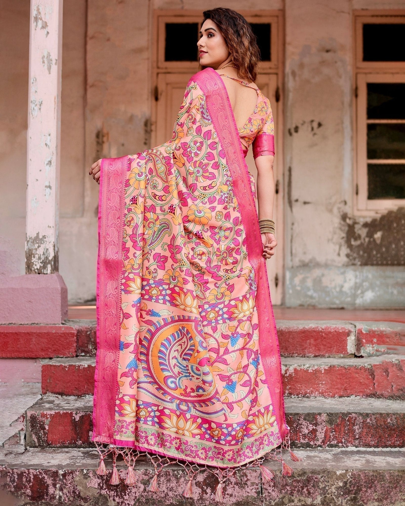 Peach and Fuchsia Floral Digital Print Tussar Silk Saree with Zari Border and Paisley Pallu DIGITAL PRINT