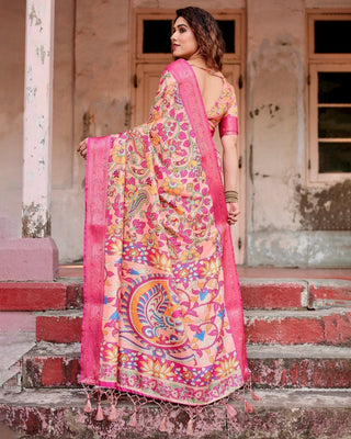 Peach and Fuchsia Floral Digital Print Tussar Silk Saree with Zari Border and Paisley Pallu DIGITAL PRINT