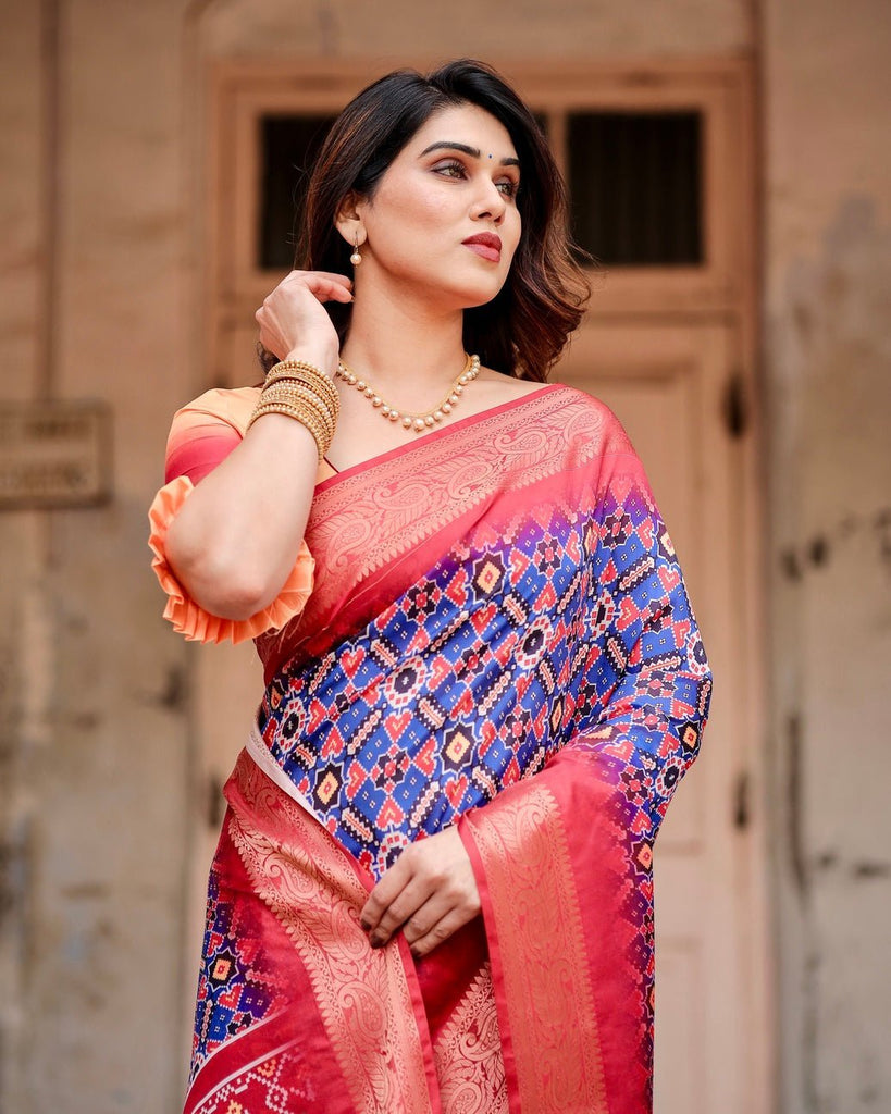 Royal Blue and Red Tussar Silk Saree with Geometric Patterns and Ornate Zari Border DIGITAL PRINT