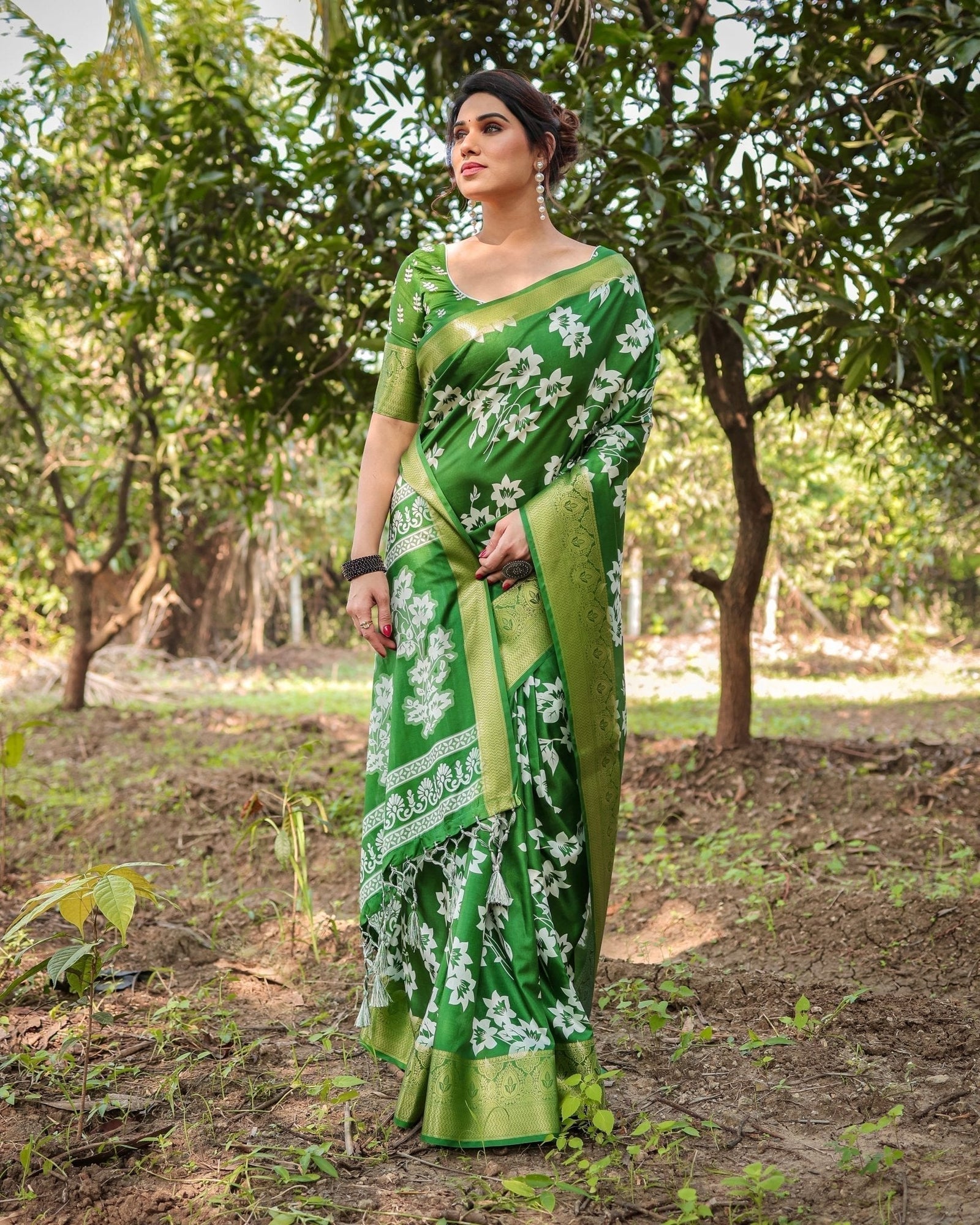 Enchanting Green Tussar Silk Saree with White Floral Prints and Zari Border DIGITAL PRINT