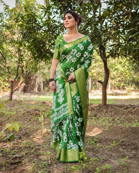 Enchanting Green Tussar Silk Saree with White Floral Prints and Zari Border DIGITAL PRINT Main image