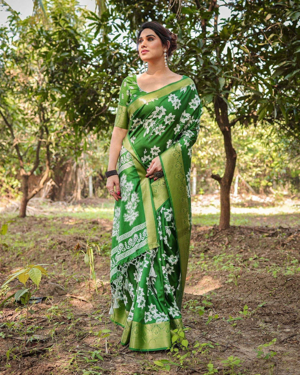 Enchanting Green Tussar Silk Saree with White Floral Prints and Zari Border DIGITAL PRINT