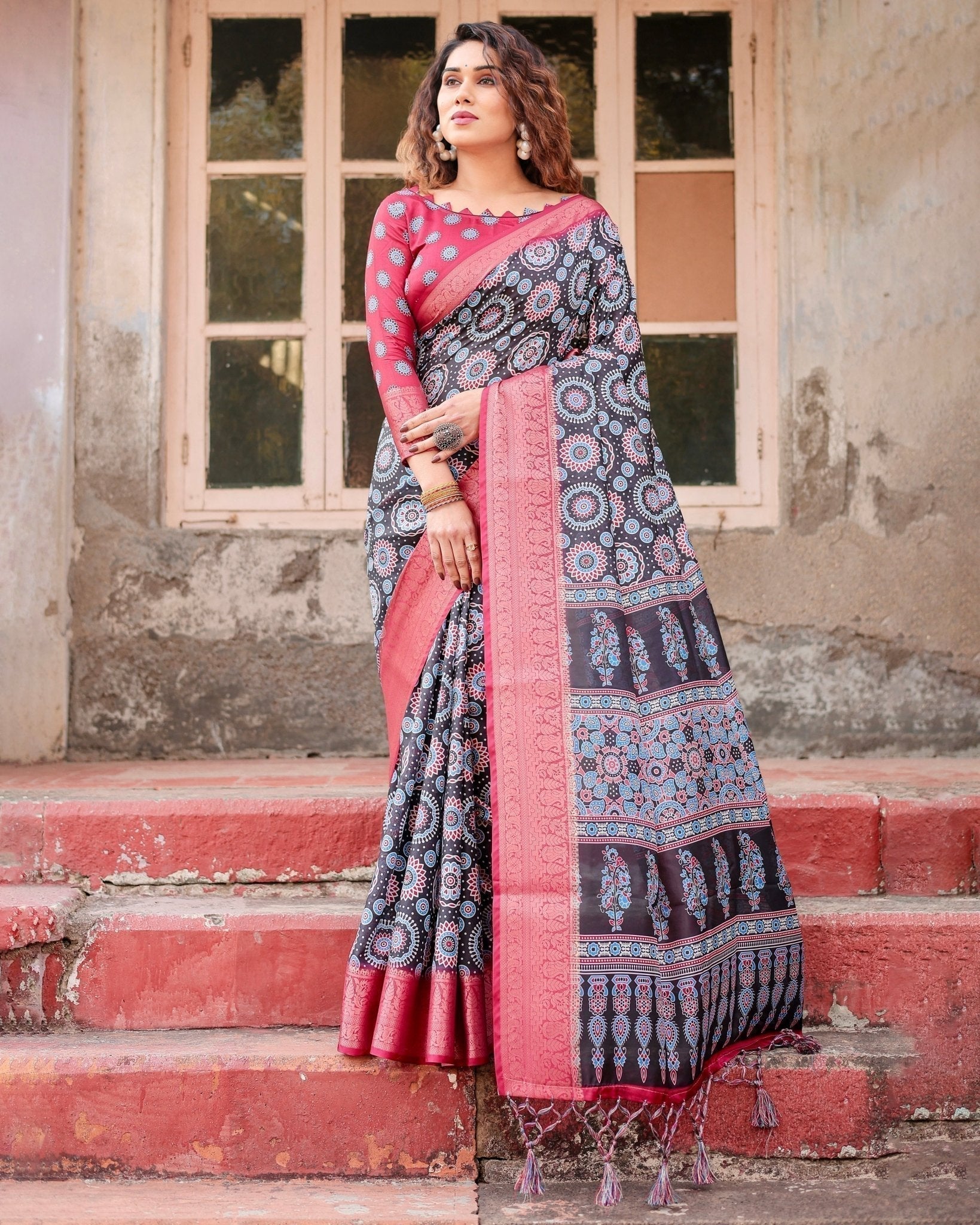 Black and Coral Tussar Silk Saree with Intricate Circular Motifs and Ornamental Pallu Secondary image